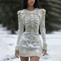 Women's Vintage Halloween Skeleton Bones With White Rose Art Cozy Knit Mini Sweater Dress elevenforest