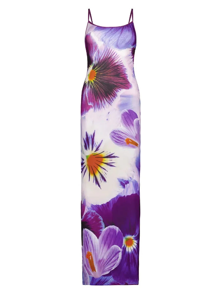 Printed Contrast Spaghetti Dress Female Backless High Waist Patchwork Summer Maxi Dress Halter Dresses