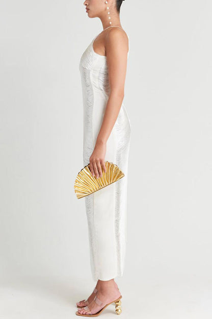 Allnight Metallic Halterneck Backless Fringed Slit Maxi Dress
