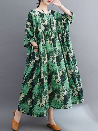Loose Raglan Sleeve Printed Pleated Split-joint Round-neck Midi Dresses