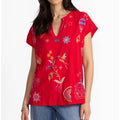 Women's Vintage Ethnic Embroidery With Flowers And Birds V-neck Shirt elevenforest