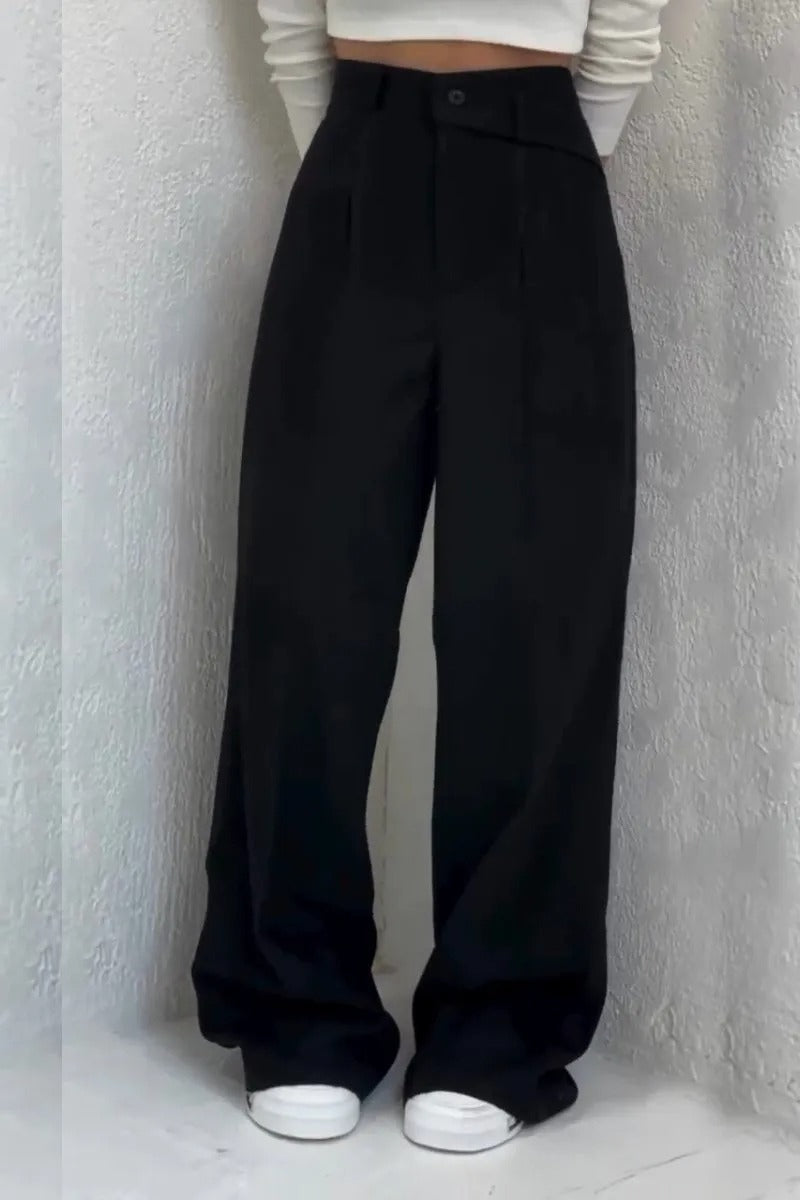 Button High Waist Long Fluid Pants