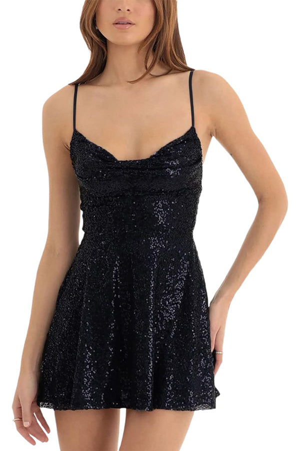 Stylish and Sequin Sling Backless Lace-up Mini Dress