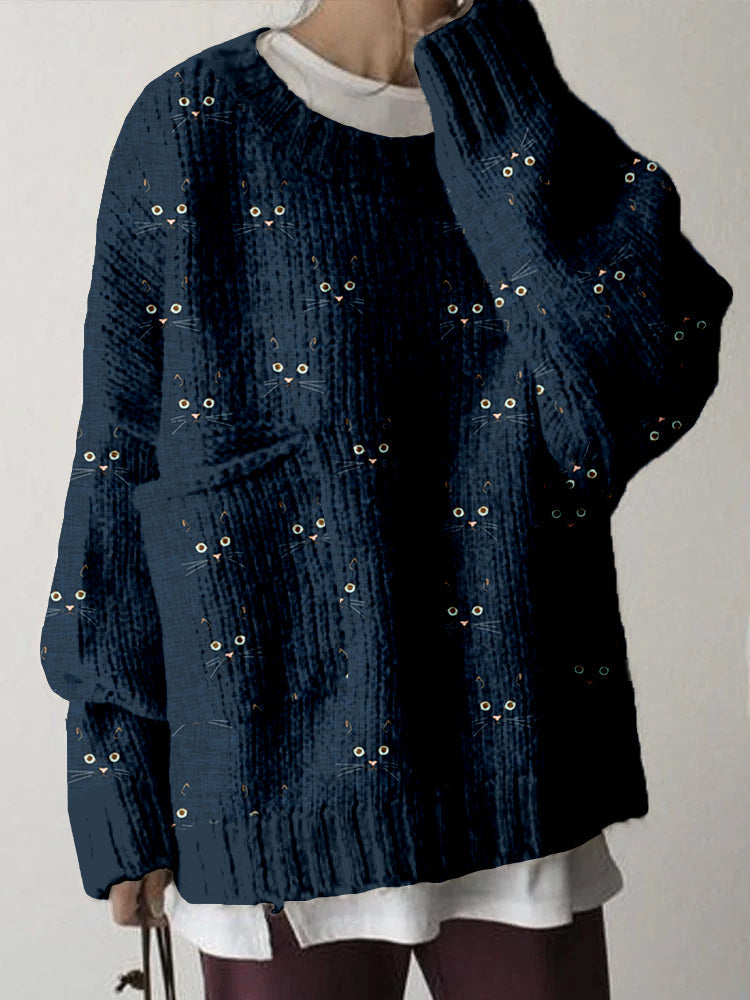 Cute Cat Face Pattern Big Pocket Cozy Sweater elevenforest