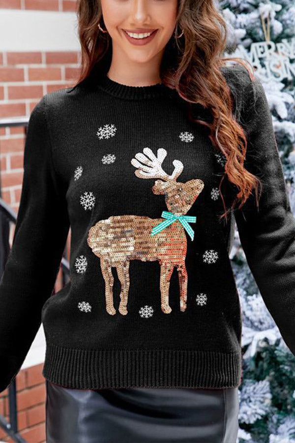 Christmas Knitted Sweater With Deer Embroidery