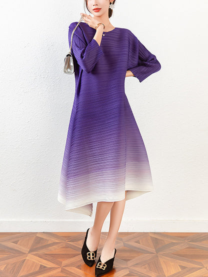 Original Long Sleeves Loose Pleated Gradient Round-neck Midi Dresses