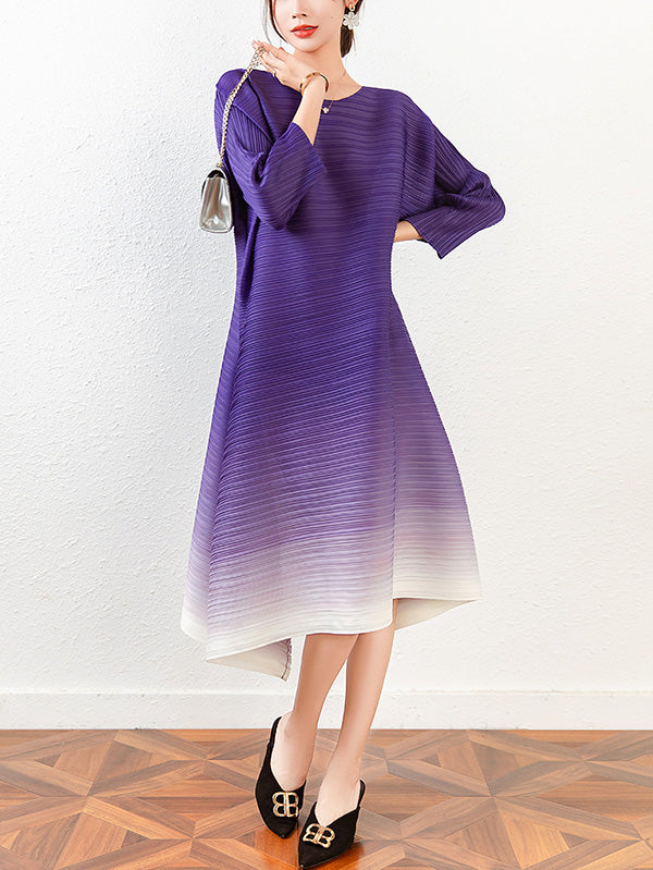 Original Long Sleeves Loose Pleated Gradient Round-neck Midi Dresses