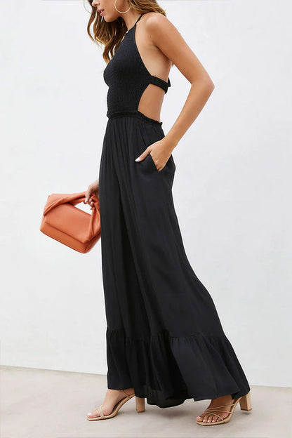Color Halter Neck Open Back Flared Jumpsuit