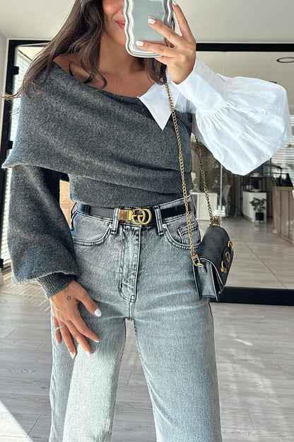 Stylish Patchwork Contrasting Long-sleeved V-neck Sweater