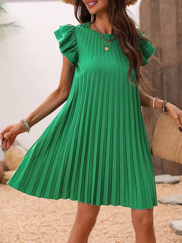 A-line Loose Hollow Pleated Color Split-joint Round-neck Mini Dresses
