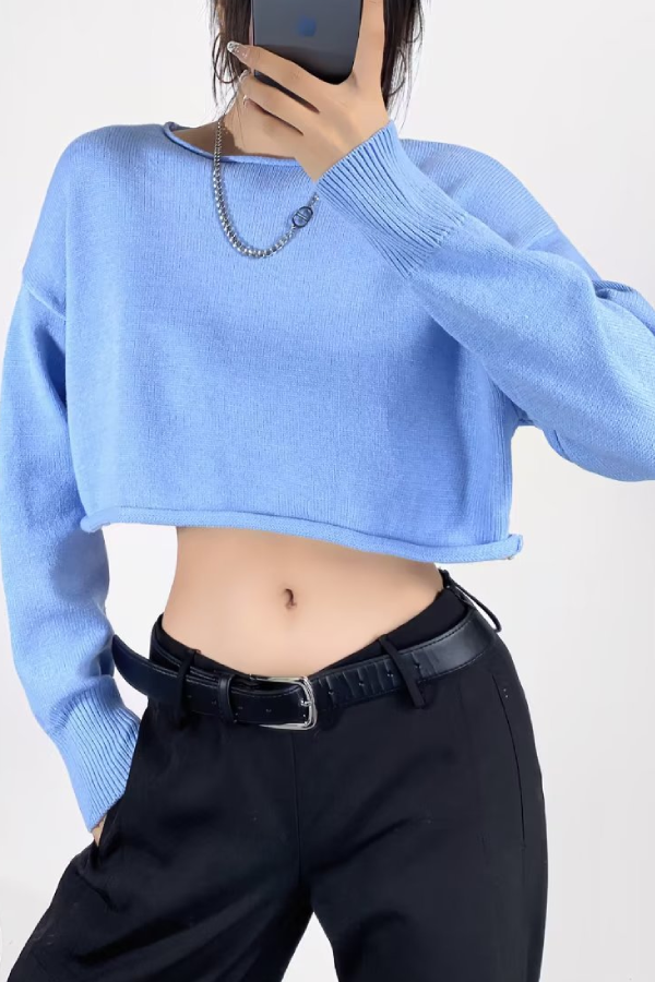 Round Neck Color Loose Long Sleeve Super Short Knitted Sweater