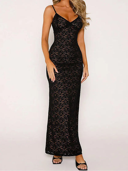 Lace Hollow Out Backless Maxi Dress Slim V-neck See-through High Street Summer Party Dress Slim Dress
