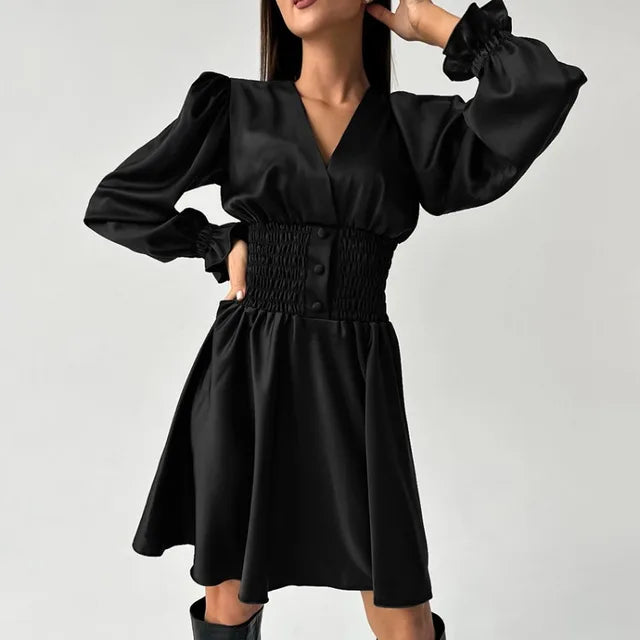 Folds Satin Dresses for Birthday V Neck Slim Dress Femme Party Temperament Retro Midi Dress Woman