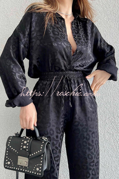 Leopard Print Jacquard Long Sleeved Shirt With Elastic Waist and Pant Two Piece Set