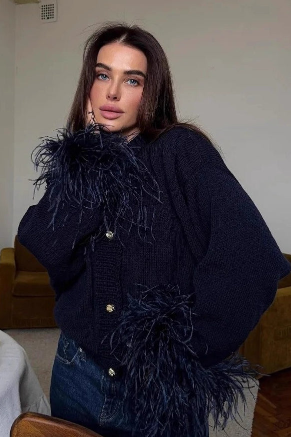 Button Feather Paneled Sweater