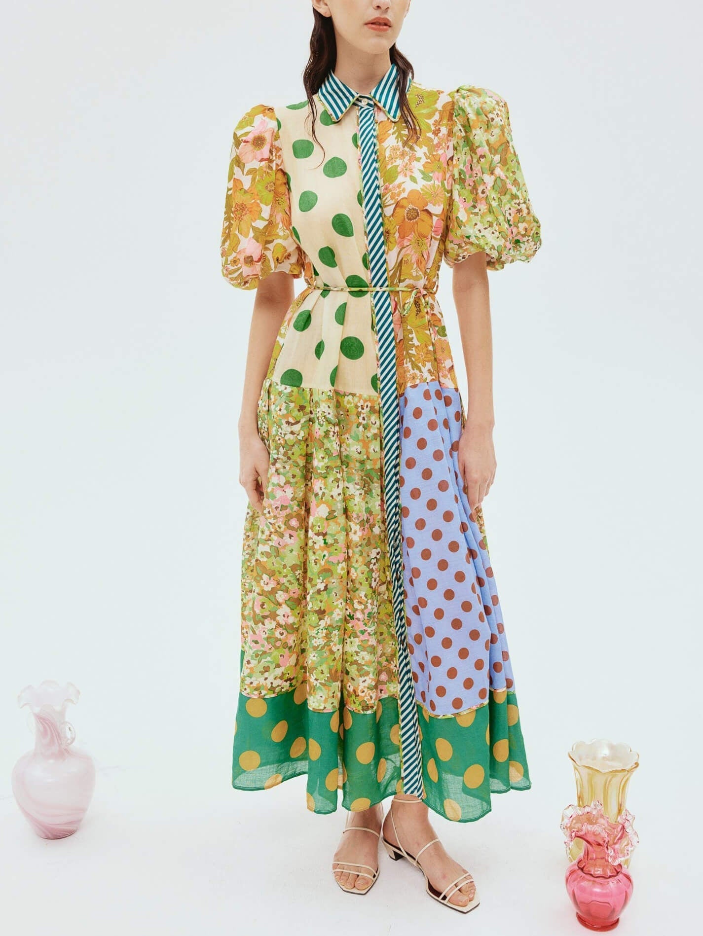 Exquisite Retro Print Puff Sleeve Midi Dress