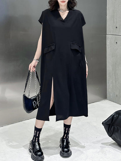 Loose Short Sleeves Asymmetric Color Split-joint Split-side V-neck Midi Dresses