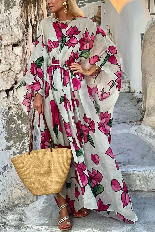 Print Dolman Sleeve Belted Loose Maxi Dress