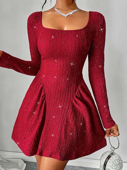 A-line Long Sleeves Backless Pleated Shiny Color U-neck Mini Dresses