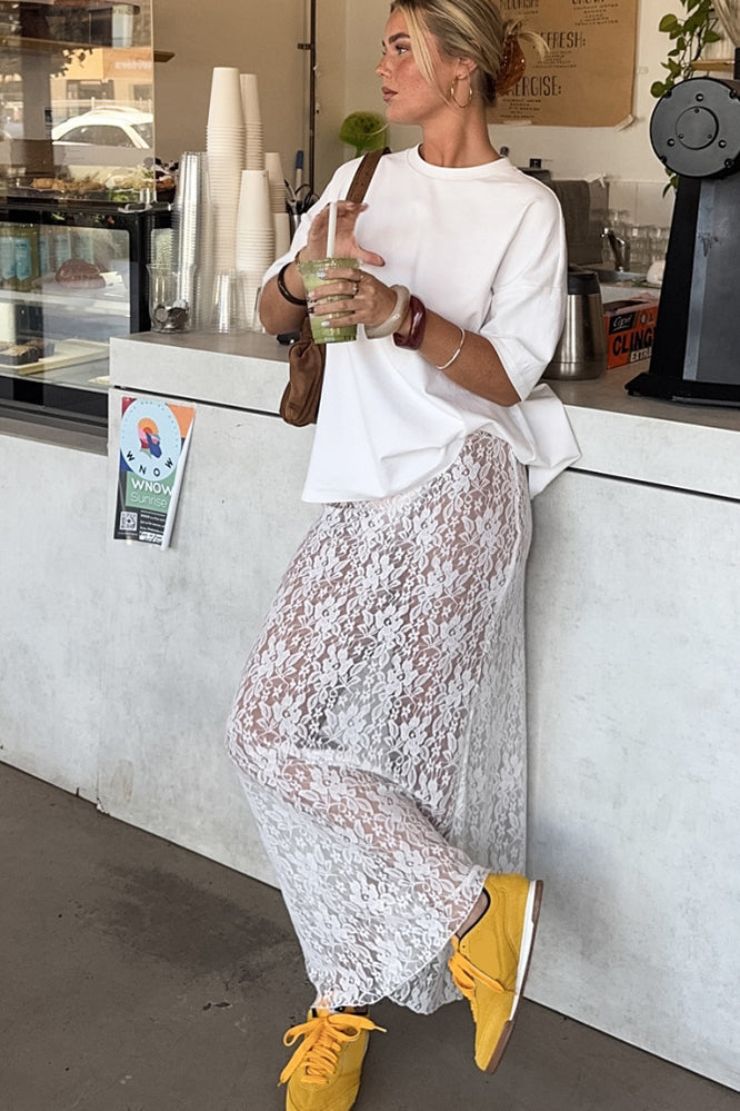 White Lace High Waist A-line Midi Skirt