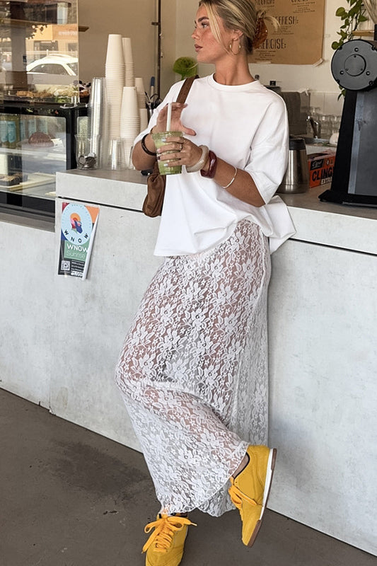 White Lace High Waist A-line Midi Skirt