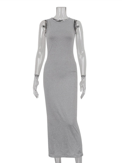 Long Sleeves Color Round-neck Inner Dress + Bodycon Outerwear Two Pieces Set