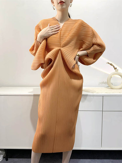 Original Creation Loose Batwing Sleeves Pleated Color V-neck Midi Dresses