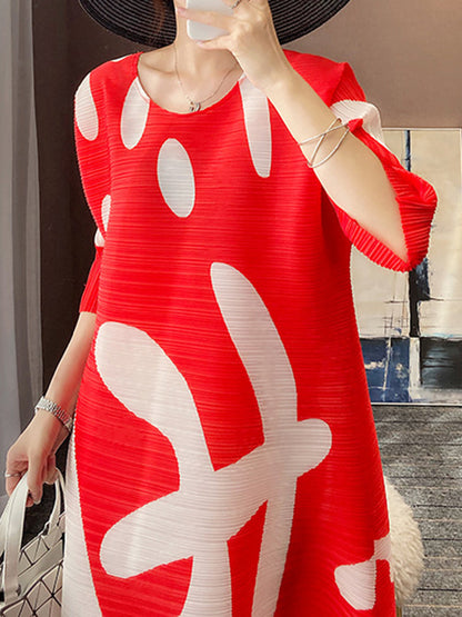 Loose Three-quarter Sleeves Pleated Printed Round-neck Midi Dresses