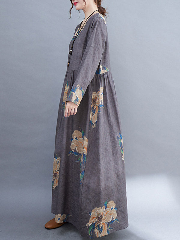 Loose Pleated Flower Printed Round-neck Long Sleeves Maxi Dress