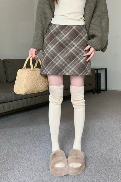 Wool Plaid High Waist A-line Skirt