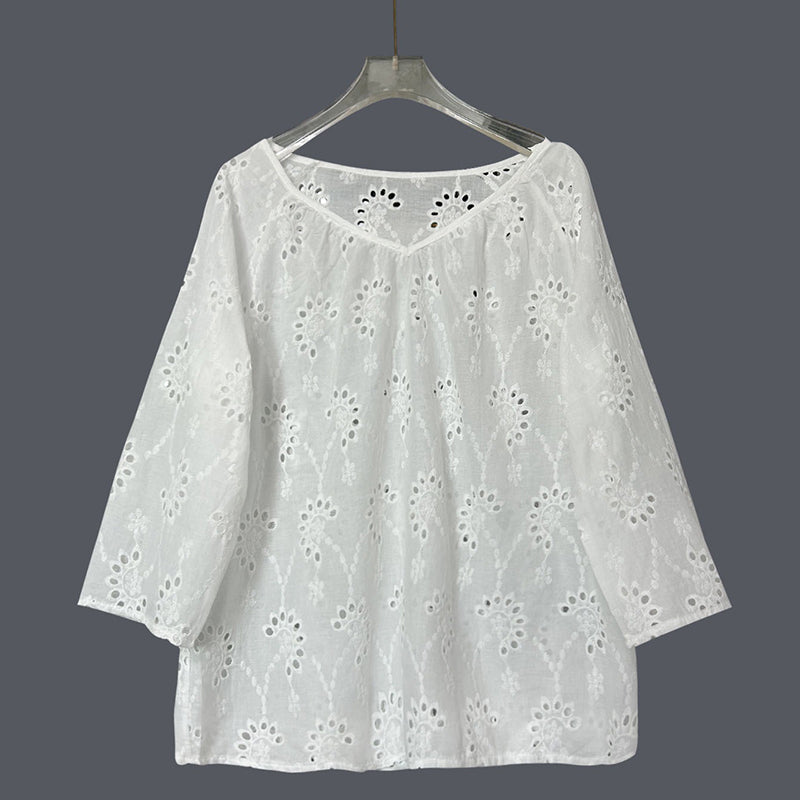 Women's Retro Lace Cotton And Linen Mid-length Sleeves V-neck Top elevenforest