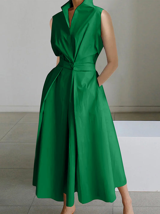 Sleeveless Color Lapel Midi Dresses