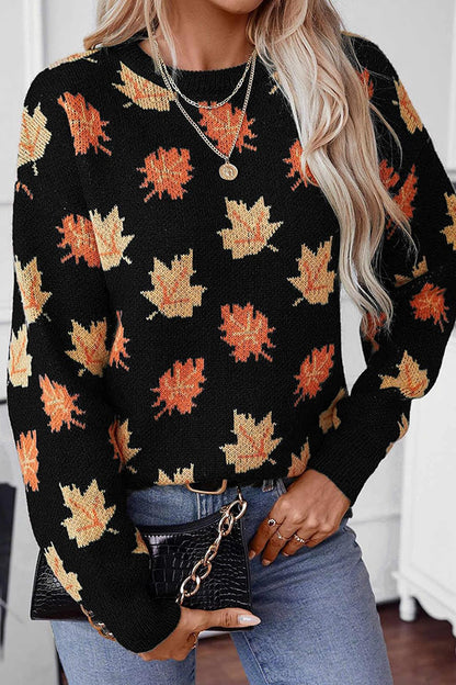 Maple Leaf Pattern Loose Knitted Sweater