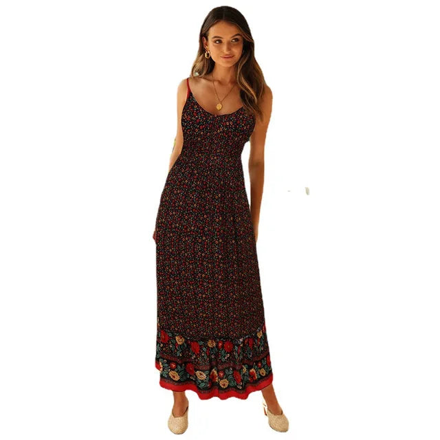 Spaghetti Strap Dresses V-neck Backless Beach Vacation Long Dress Female Vestidos Summer New