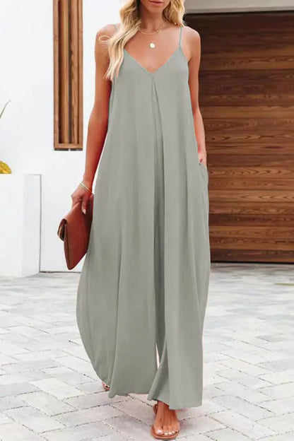 Color Side Pocket Wide-leg Suspender Jumpsuit