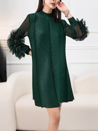 Long Sleeves Loose Embroidered Pleated Color Round-neck Midi Dresses