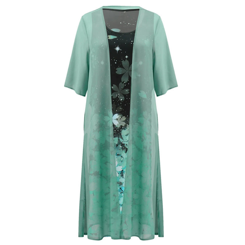 Kaftan Flower Ink Painting With Cardigan Shawl Sets Tunic Dress