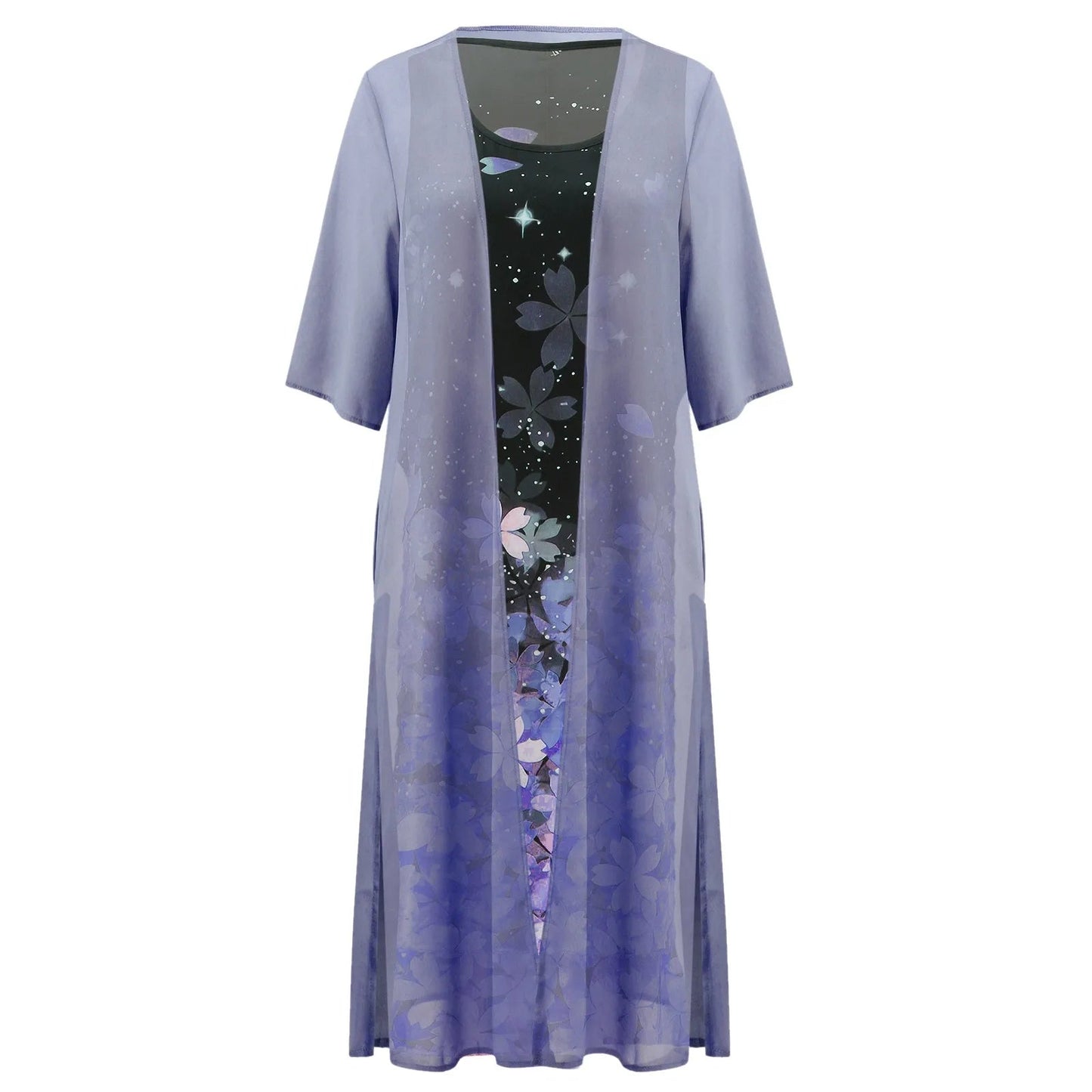 Kaftan Flower Ink Painting With Cardigan Shawl Sets Tunic Dress