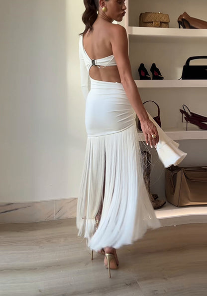 Milk White Elite Class Single Shoulder Hollow Hanging Tassel Design With Edging Elastic Long Skirt