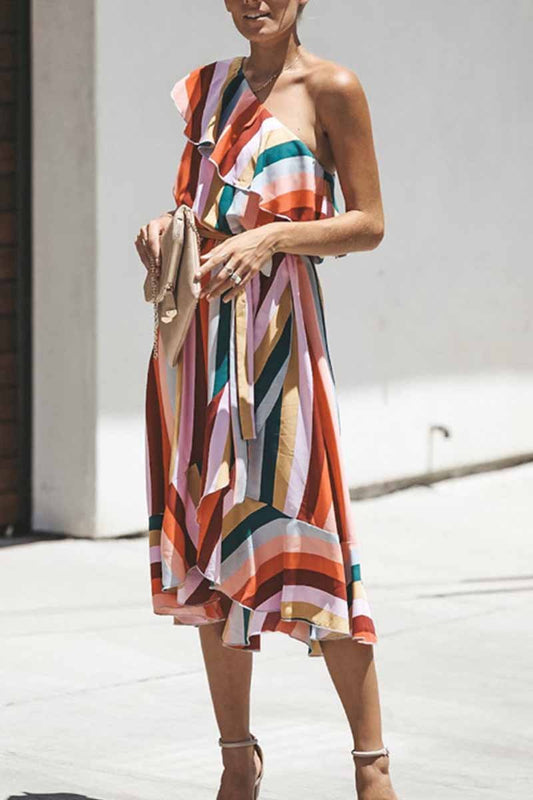 Striped One Off Shoulder Sleeveless Ruffle Irregular Midi Dress