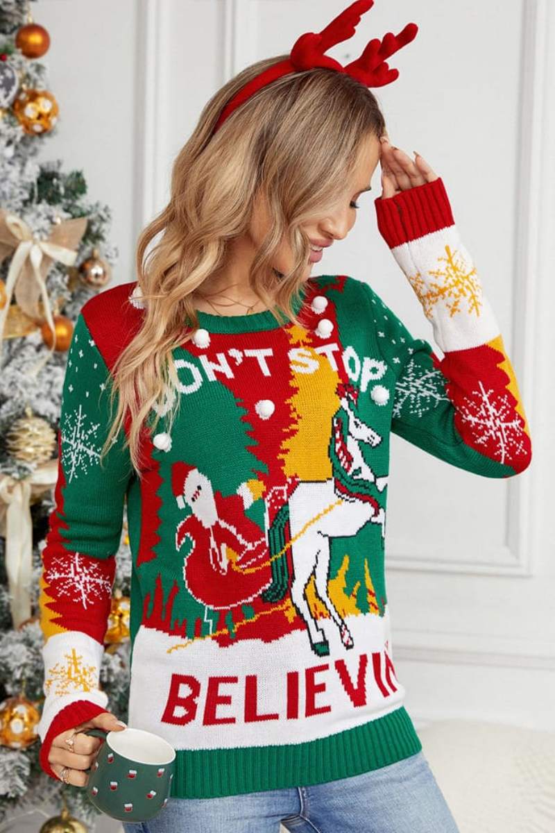 Santa and Reindeer Sleigh Knit Sweater
