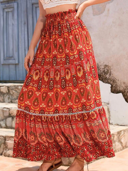 Shirred High Waist Skirt in Red