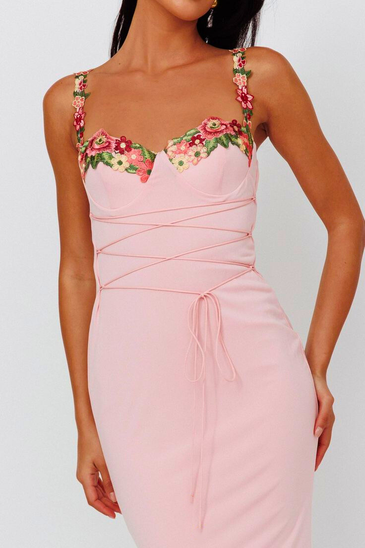 Brenda Embroidered Lace-up Midi Dress