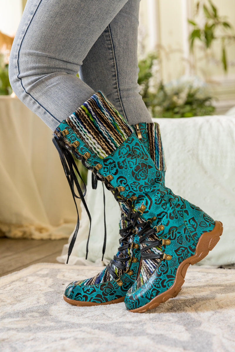 Soffia | Rose Embossed Teal Leather Tie-accent Boot