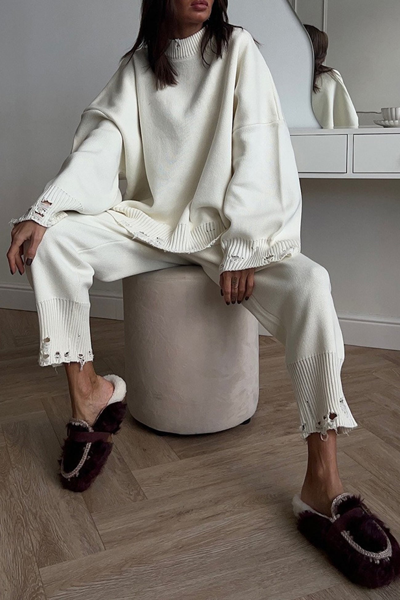 Raw Edge Crew Neck Sweater Set