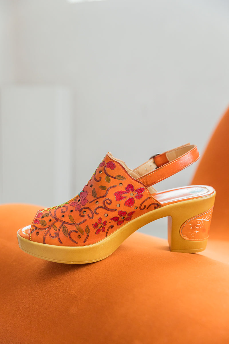 Soffia | Orange Embossed Perforated Leather Sandal