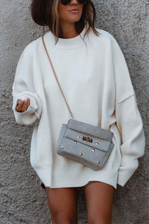 Crewneck Side Split Ribbed Knit Sweater
