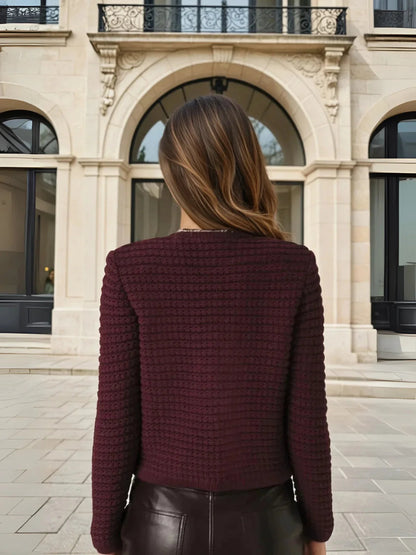 Knitted Burgundy Long-sleeved Cardigan