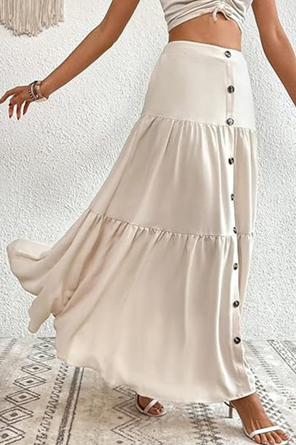 Single-breasted Color Tiered Maxi Skirt