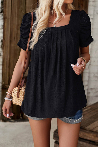 Square Neck Puff Sleeve Hollow Out Blouse